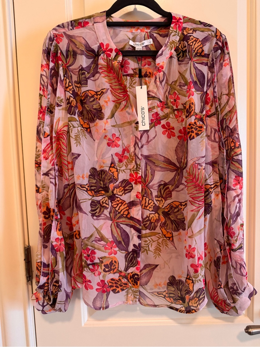 Chico's Lavender Floral Sheer Button-Front Blouse
